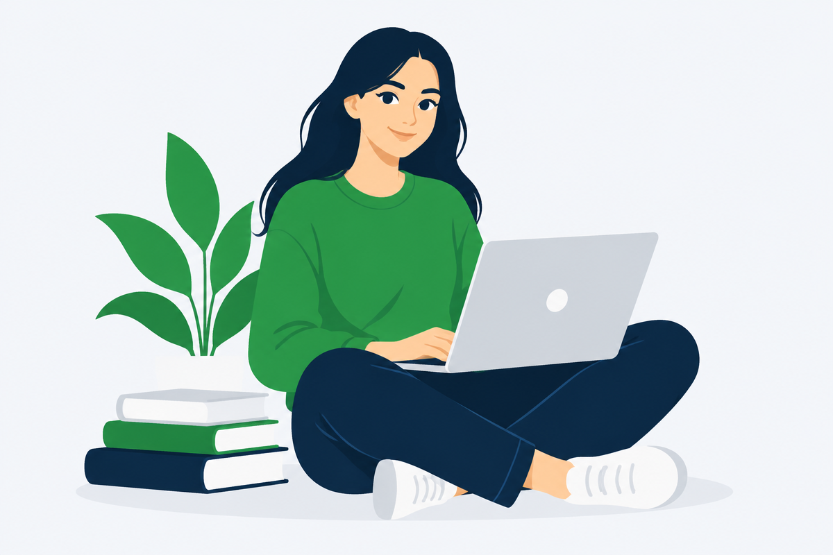 Studentin mit Laptop und Büchern